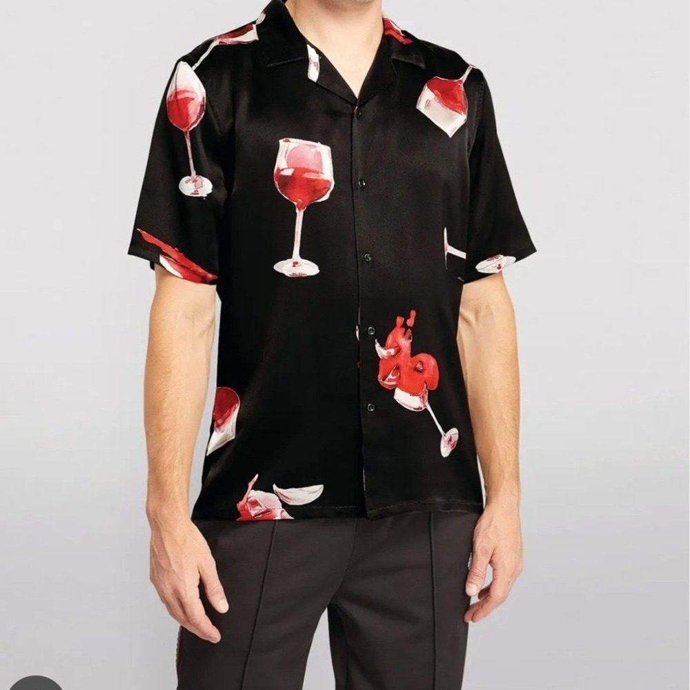 Nahmias Webster Exclusive Fine Wine Silk‎ Shirt Mens XS Black Red Wine Glass New